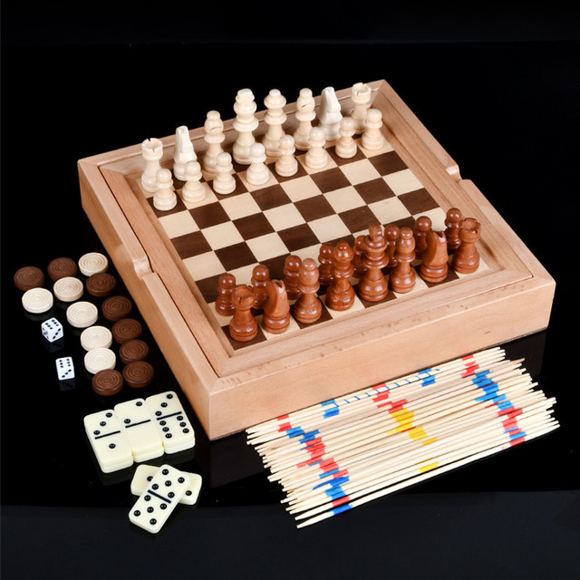 5 in 1 Open-top Game Chessboard Set Wooden Chess with Checkers